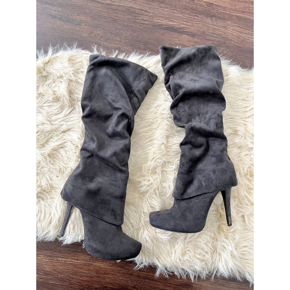 Slouchy Dark Gray Faux Suede Platform Fold-over Stiletto High Heel Boots US 9